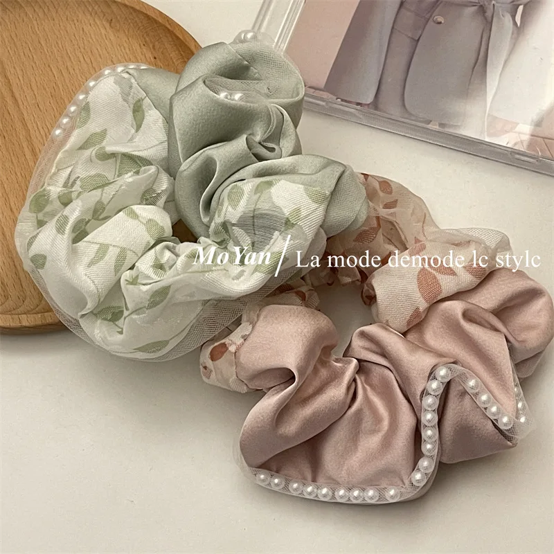 

Spring Color System Floral Large Intestine Scrunchie French Tie Hair Ponytail Hair Rope Simple Pearl Head Rope Female Hair Decor