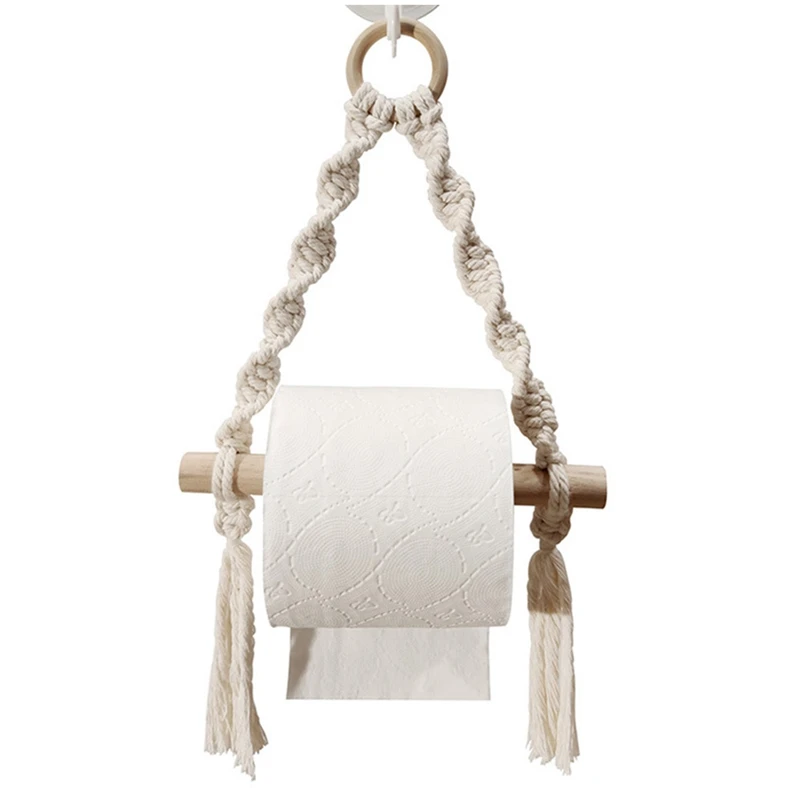 

Hand Woven Wooden Toilet Paper Holder Bohemian Wall Hanging Room Decor Bathroom Towel Dispenser Home Storage Rack