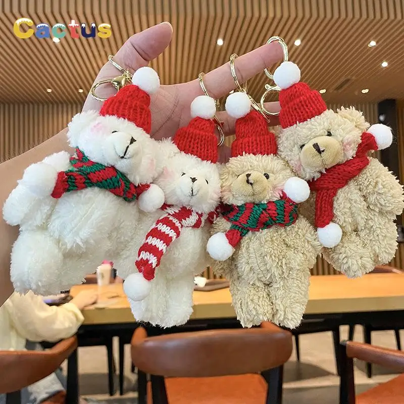 

1PCS 16cm Cute Plush Toy Bear Stuffed Animals Keychain with Christmas Hat Long Scarf Bear Toys Keyring Xmas Gift Decoration