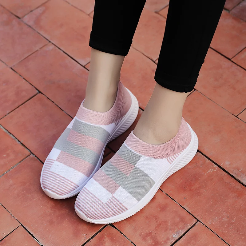 Womens Fashion Slip-on Lightweight Sneakers Weave Mesh Fabric Flats Shoes Casual Walking Shoes