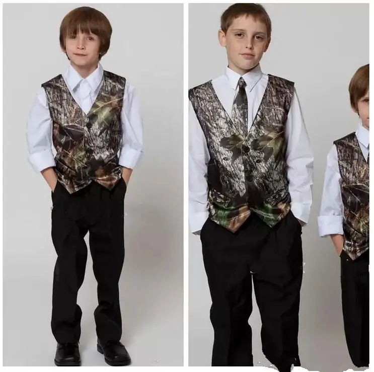 

Cute Camo Boy's Formal Wear Vests With Ties Camouflage Groom Boy Vest Cheap Satin Custom Formal Wedding Vests Camouflage