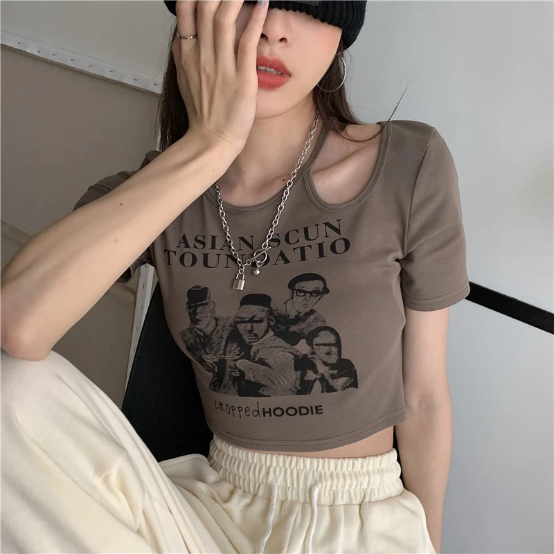 

Sexy Retro Print T Shirt Women Summer Short Sleeve Tee Fashion Hollow Out Tank Tops Casual Crop Top Female T-shirt Cropped Vest
