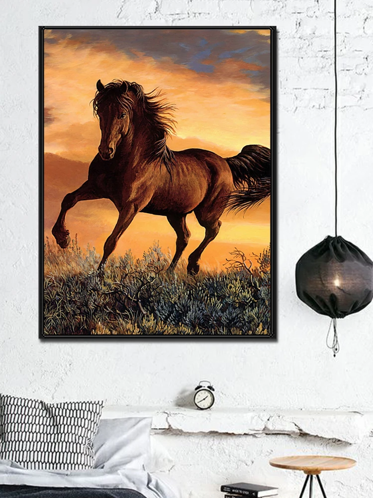 

5D «сделай сам», полностью круглая алмазная живопись, Набор для вышивки крестиком, алмазная вышивка, мозаика стразы, закат, лошадь, домашний д...