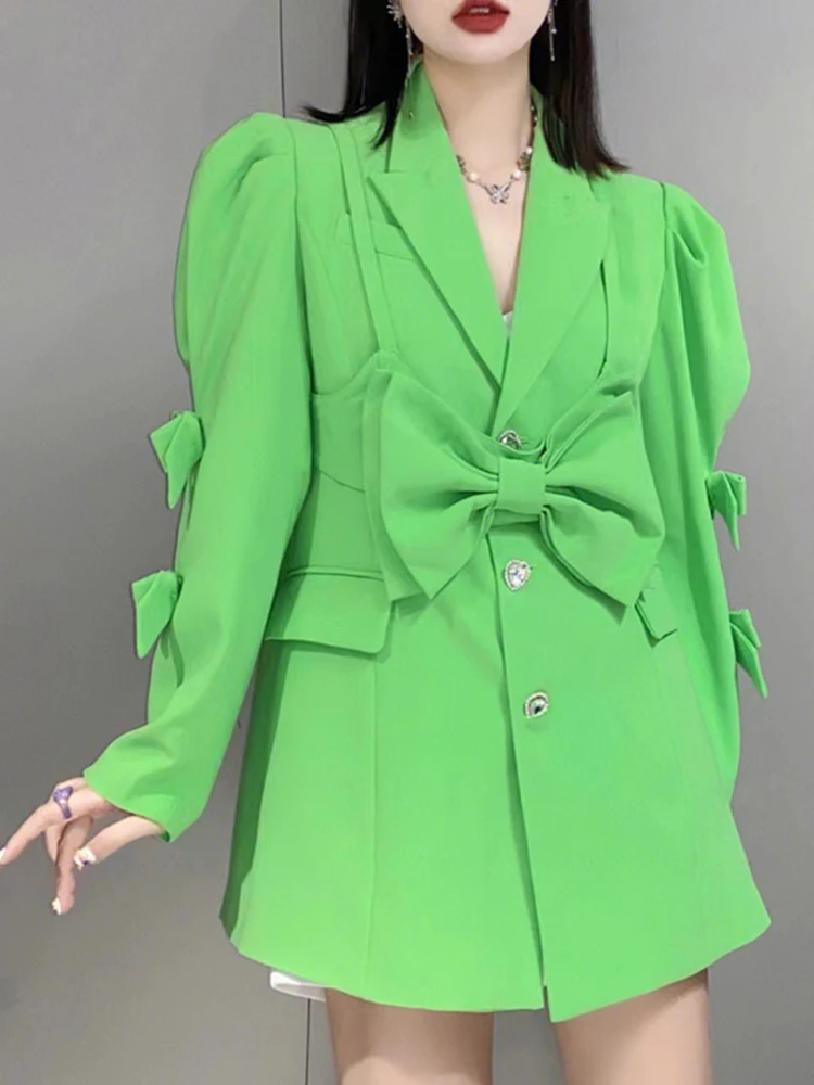 

High-level Bow Green Suits Jacket Women 2023 New Spring Fashion Single-breasted Mid-long Loose Casual Long Sleeve Blazers Coat