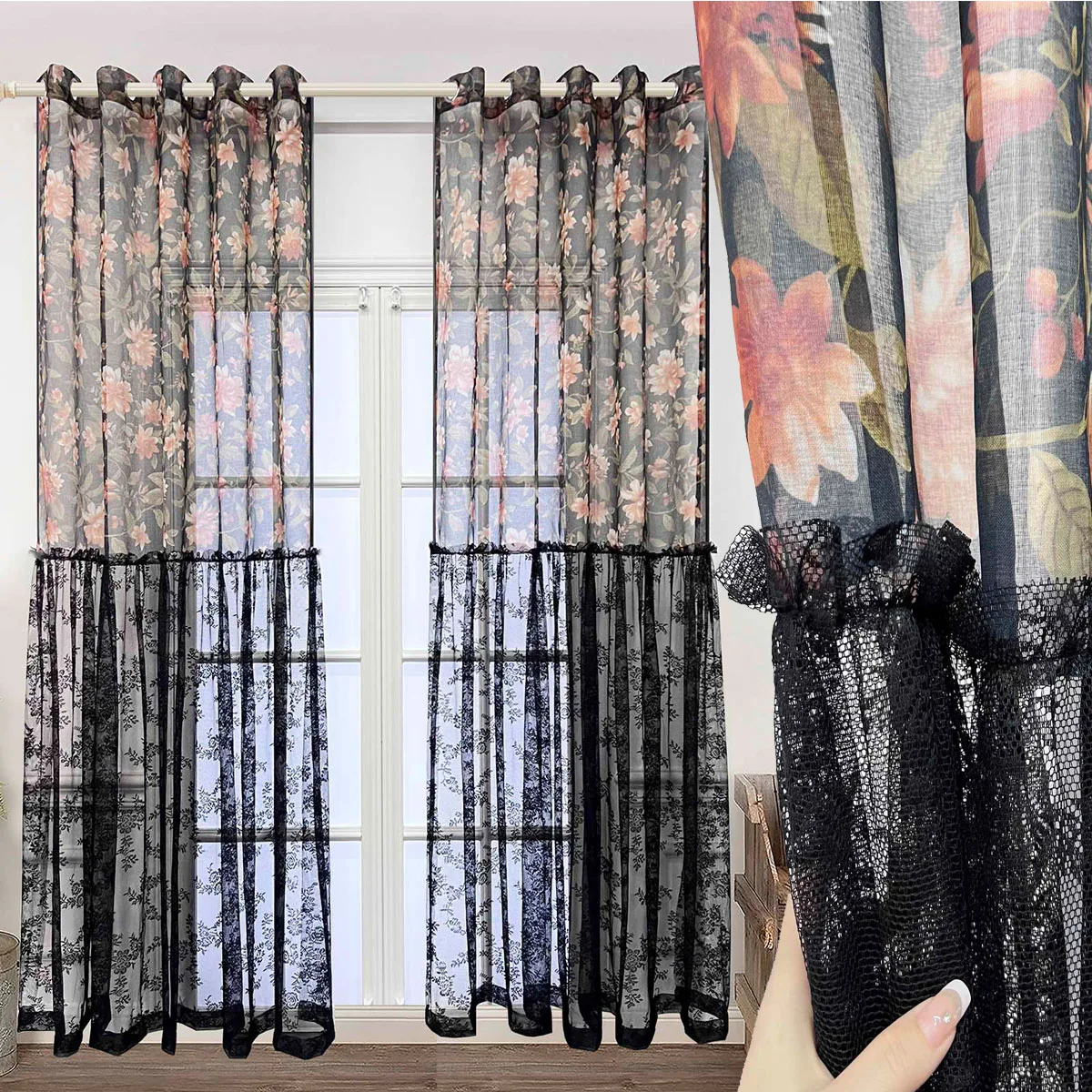 

French Retro Idyllic Floral Tulle Curtain Princess Style Lace Skirt Splicing Veil Sheer Drapes For living Room Bedroom Custom