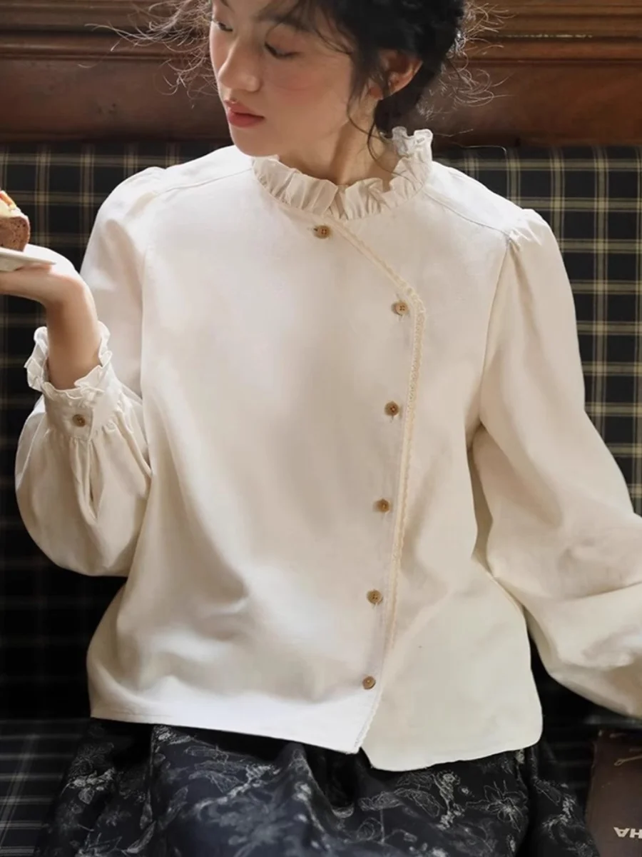 New Chinese Sle Side Placket Wooden Ear Stand Collar Creamy-white Shirts Women Autumn and Winter Artistic Retro National St...