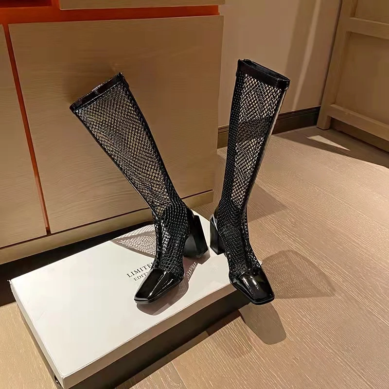 Mesh Hollow Sandals Boots Women's Pointed Toe All-match Thick Heels Medium High Heels 2023 Spring and Summer New Ladies Sandals