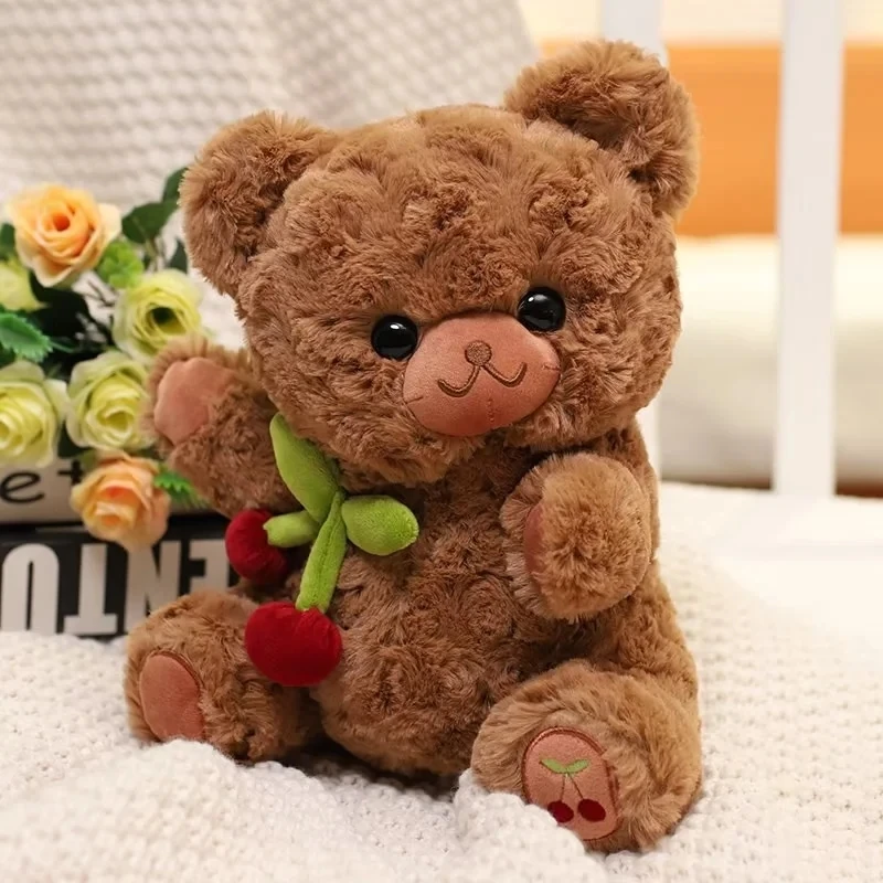 

25-35cm Cherry Teddy Bear Plush Doll Toy Cute Stuffed Animal Sitting Hug Kawaii Purple Brown Plushie Peluche Kids Appeasing Gift