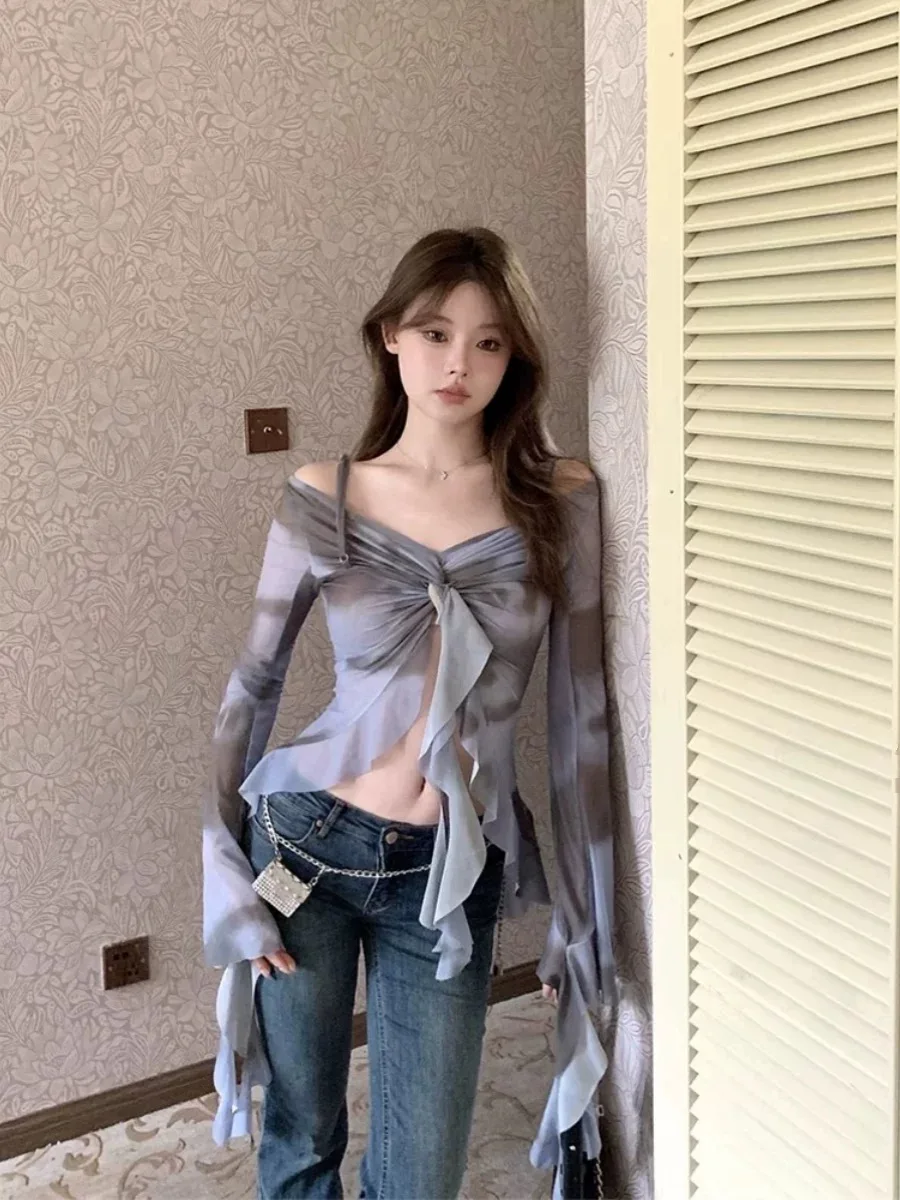 Y2K Ins Chic Tie Dye Женские топы Осенняя лента Sexi Уличная одежда Блузка с запахом Рубашки