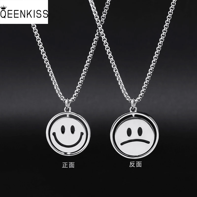 

QEENKISS NC847 Fine Jewelry Wholesale Fashion Trendy Woman Man Birthday Wedding Gift Round Smiley Face Titanium Steel Necklace
