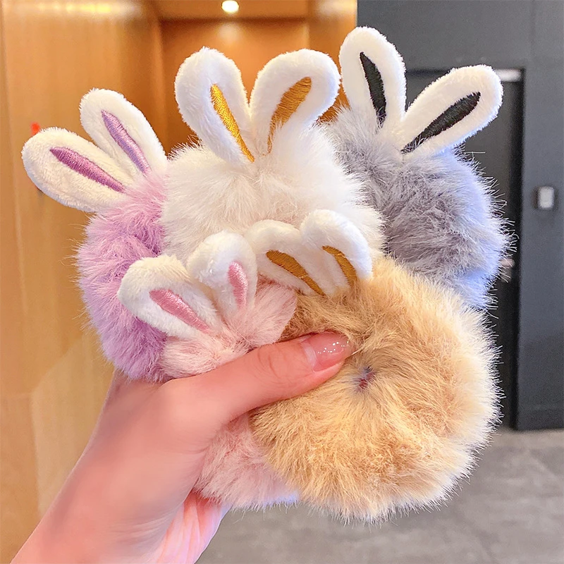 

Rabbit Ears Hair Rope For Women Girls Imitated Fur Candy Colored Fluffy Warm Autumn Winter Elastic Hair Band Scrunchies