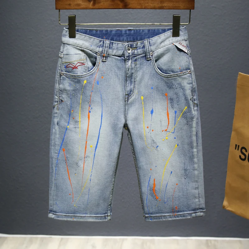 

Fashion Men Jeans Shorts Elastic Straight Summer New Graffiti Paint Dots Painted Personality Male Denim Shorts Streetwear