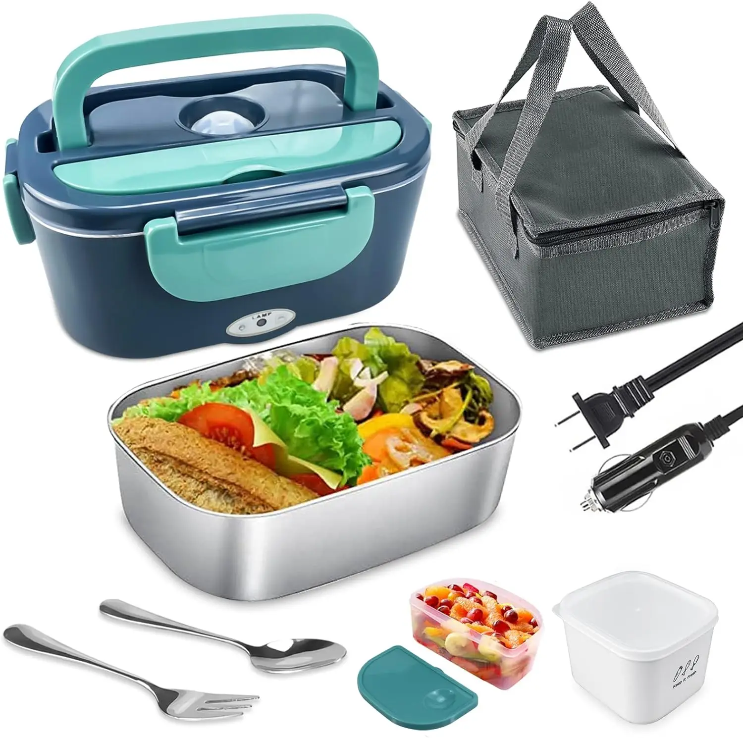 

Electric Lunch Box 80W 12V/24V/110V 3 in 1 Food Warmer Heater for Car/Truck/Home Heating Boxes with 1.8L 304 SS Container 0.45L