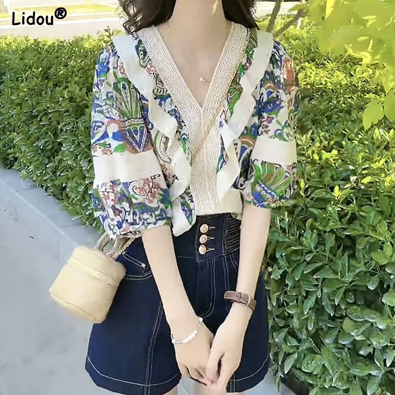 

Pullovers Three Quarter Sleeve Puff Sleeve Loose Spring Summer Thin Women's Clothing Ruffles Printing Fashion V-neck Beach Style