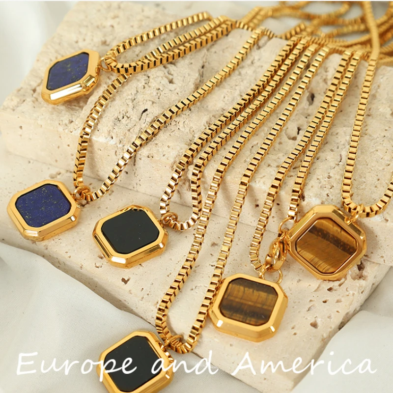 Ожерелье с квадратным кулоном из нержавеющей стали натуральным камнем