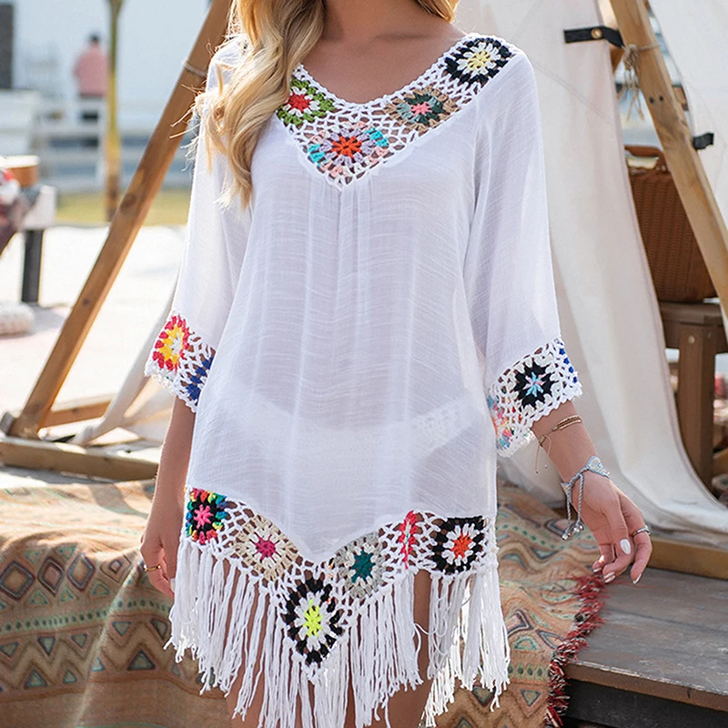 

Bikini Cover Up Lace Hollow Out Summer See Through Sun Protection Swimwear Tunic for Beach Sexy Cover Up Dresses