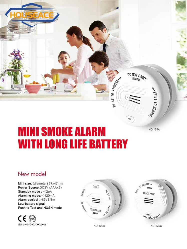 HOUSEACE Mini Smart Wireless Smoke Alarm Photoelectric Gas Sensitivity Detector Home Use Battery Operated 5 Year Life KD-125