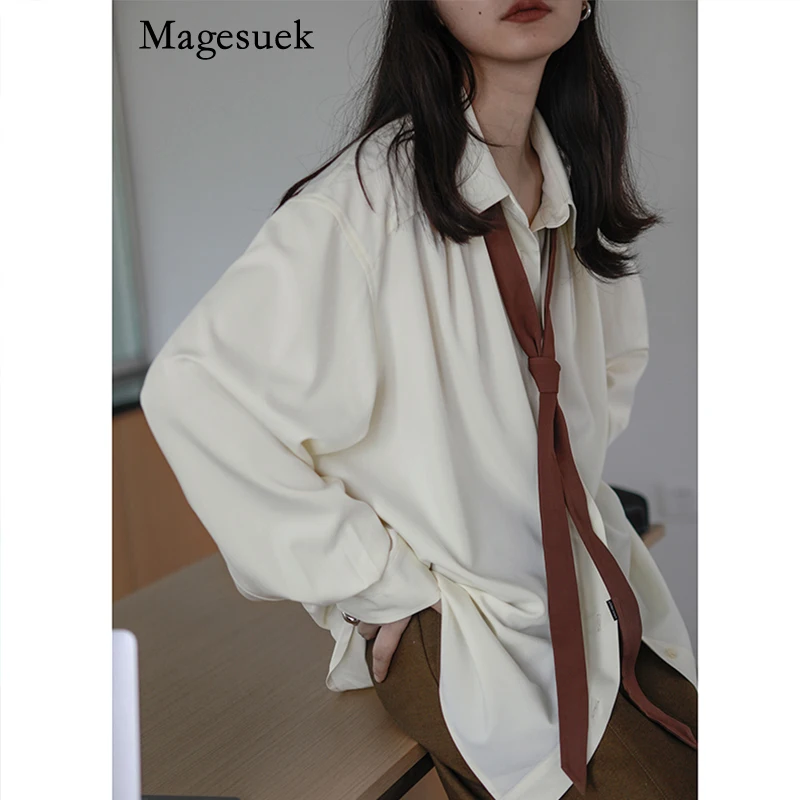 

Рубашка женская оверсайз в Корейском стиле с длинным рукавом и галстуком, 22875