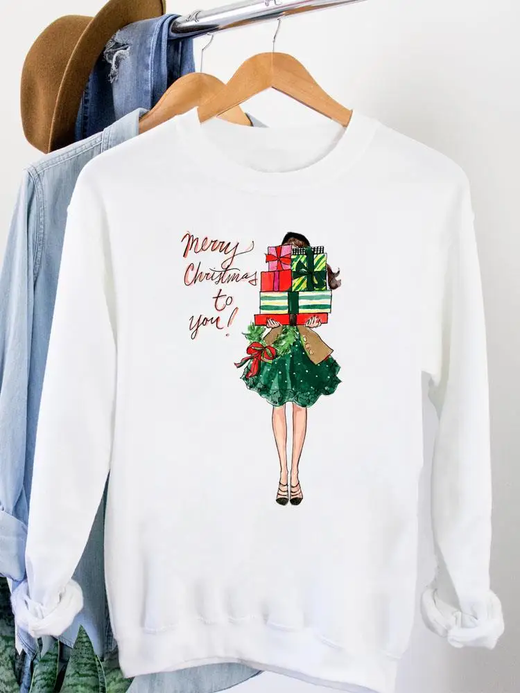 

Watercolor Gift Carton Fashion Printing Clothing Graphic Sweatshirts Women Merry Christmas Female Casual O-neck Pullovers