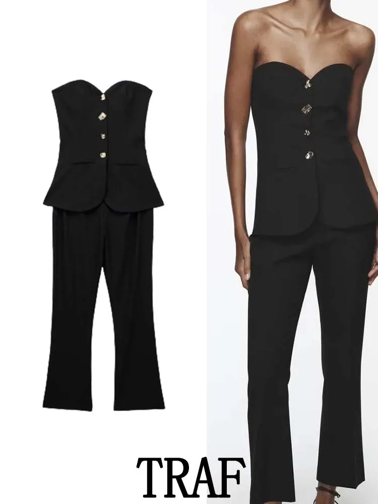 

TRAF 2023 Woman Corset Vest Long Flare Jumpsuits Fashion Sleeveless Vintage Spring Summer Causal Elegant Playsuit Slim Tops