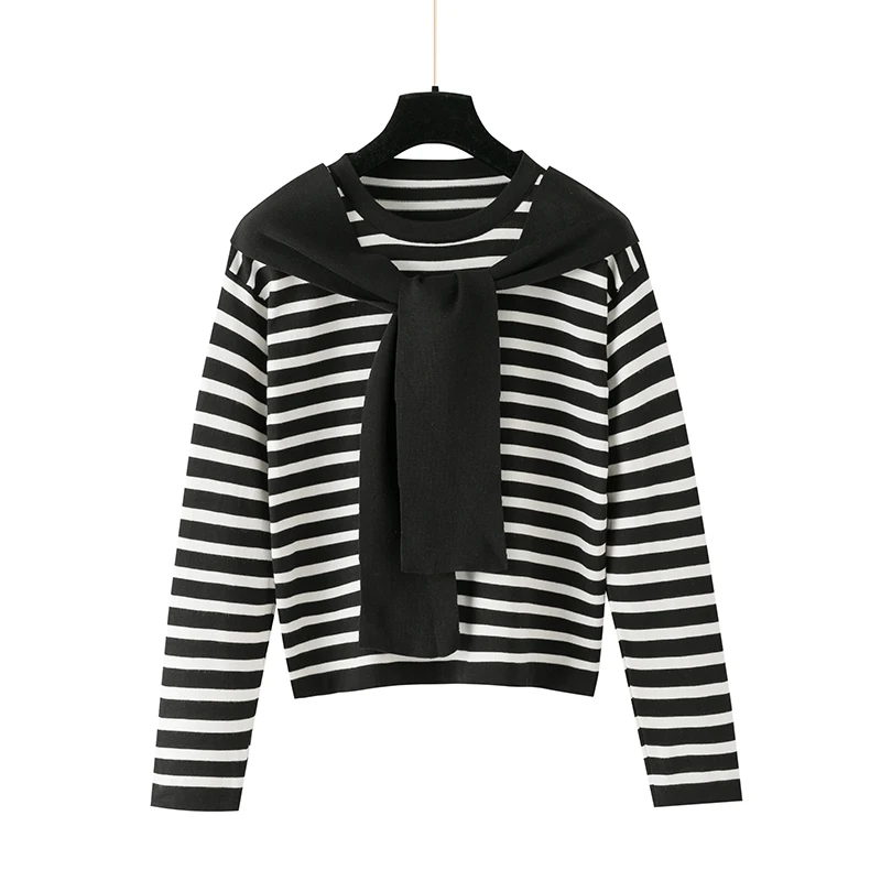 

Spring New Womens Knitting Sweater Long Sleeve O Neck Slim Thin Casual Knitwear Spliced Striped Basic Simple Knit Pullover Femme