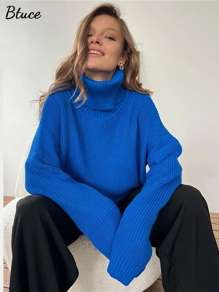 

Autumn Winter Women's Solid Knitted Sweater Oversized Thicken Warm Pullovers Jumper Female Turtleneck Casual Loose Pullovers