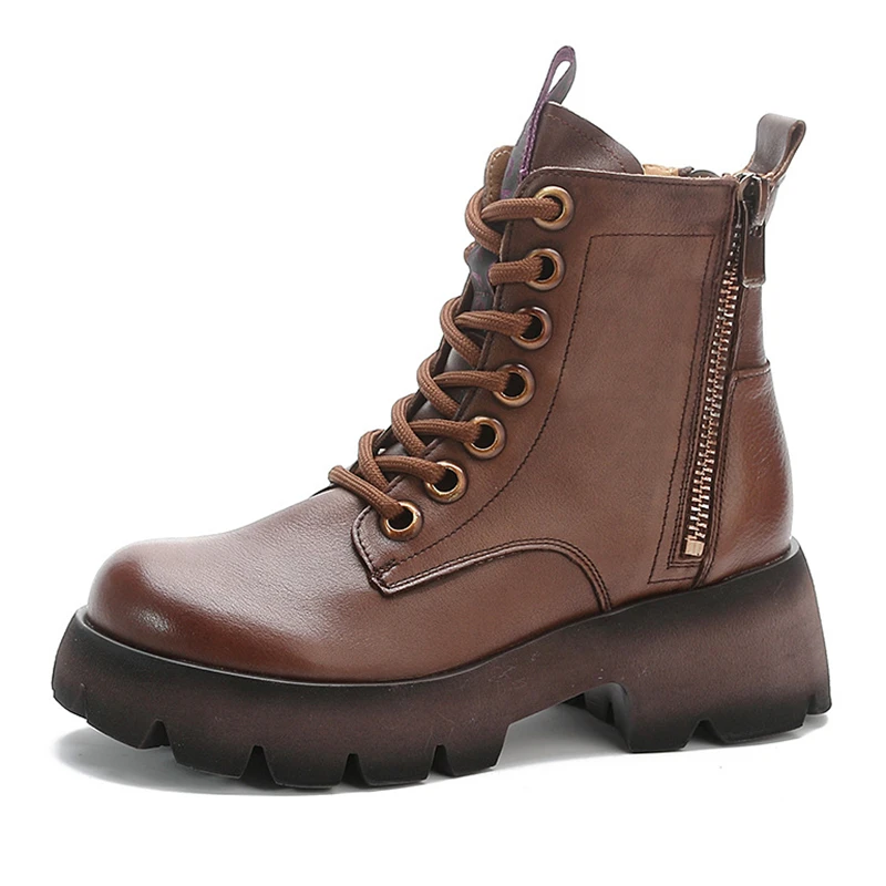 

New Women's Autumn Boots Fashion British Style Genuine Leather Lace-up Platform Shoes For Women 2022 Luxury Ankle Boots Female