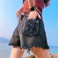 sequined denim shorts womens summer new high waisted large size thin summer a word ultra short hot pants raw edge straight