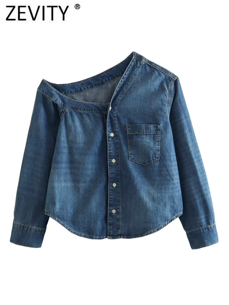 

Zevity Women Fashion Single Shoulder Asymmetrical Denim Smock Blouse Femme Chic Pocket Buttons Shirt Chemise Blusas Tops LS3736