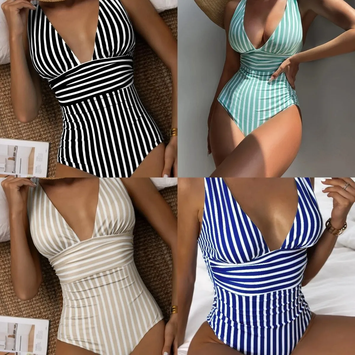 

New One-Piece V-Neck Open Back swimsuit, Sexy and Sweet Striped Bikini swimwear
