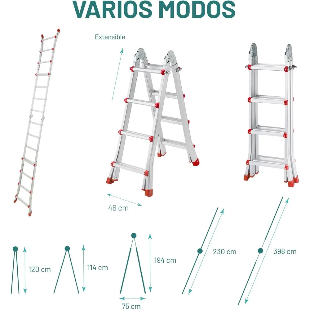 Фото Plegables Aluminio, Escalera Plegable, Escalera telescópica, Extensible en 4x4 (8+8 escalones) 4 Metros desplegada y 2 Metros e №2