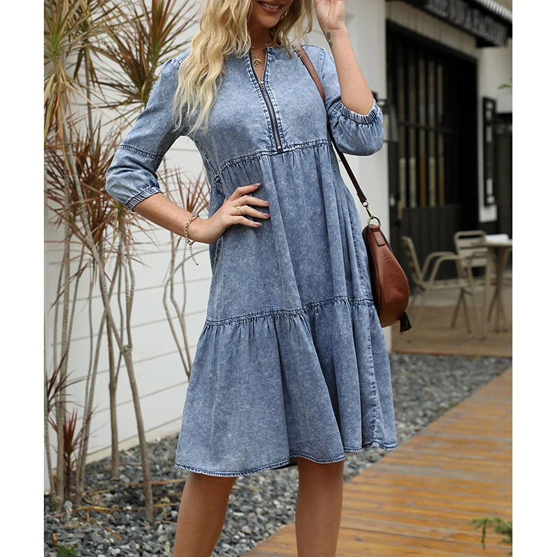 

Y2K Summer Denim Dress Women O Neck Zipper Patchwork Pleats Distress Vintage Dress Ruffled Female Fashion Casual A-Line Dress