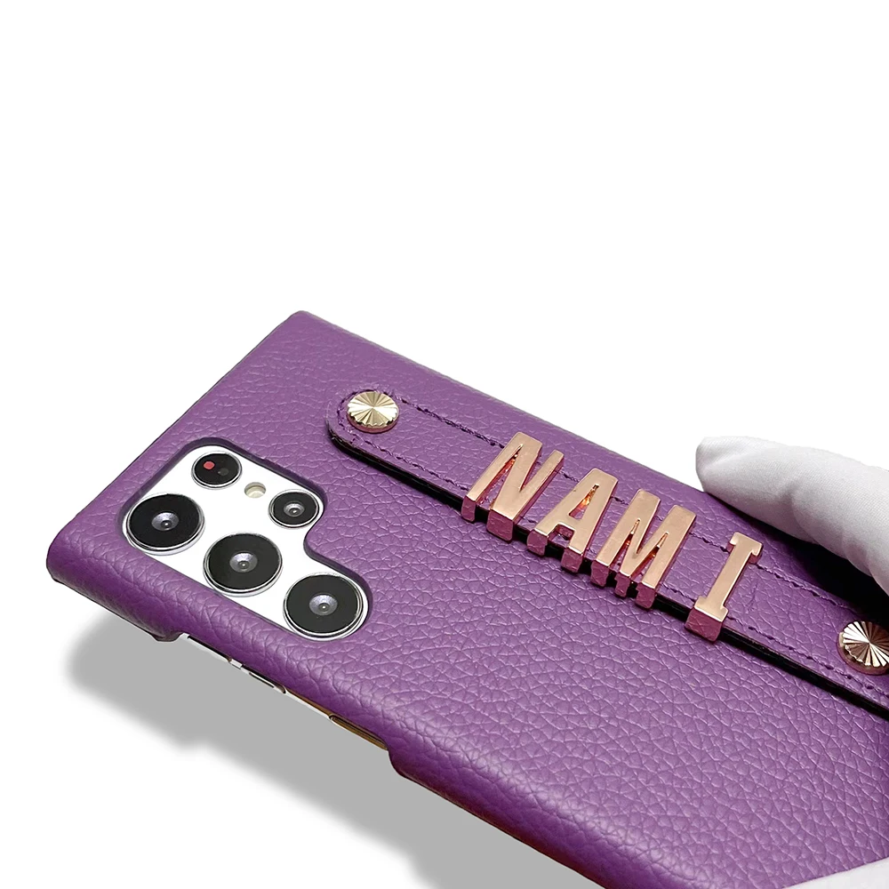 Luxury Leather Custom Name Rose Gold Metal Letters Phone Case For Samsung S20 S21 Fe S22 Plus Note20 Ultra Holder Personalized