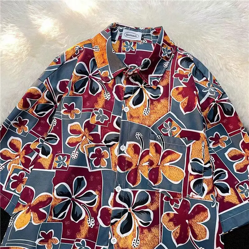 

Boho Beach Thai Shirt Flower Full Print Retro Loose Shirts Women Button Up Casual Shirts Men Short Sleeve Summer Hawaiian Shirts