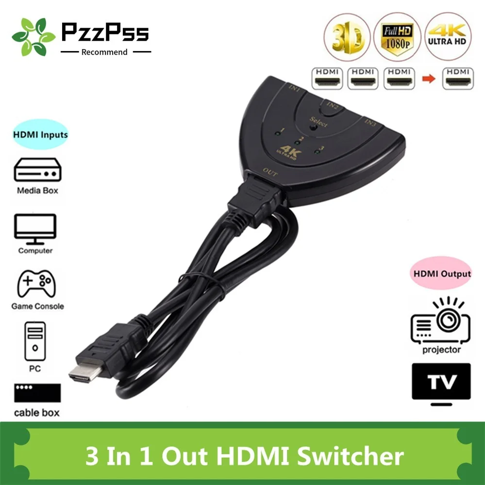 

PzzPss 4K HDMI Switcher 4K*2K 3D Mini 3 Port HDMI Switch 4K Switcher HDMI Splitter 3 in 1 out Port Hub for DVD HDTV Monitor PC