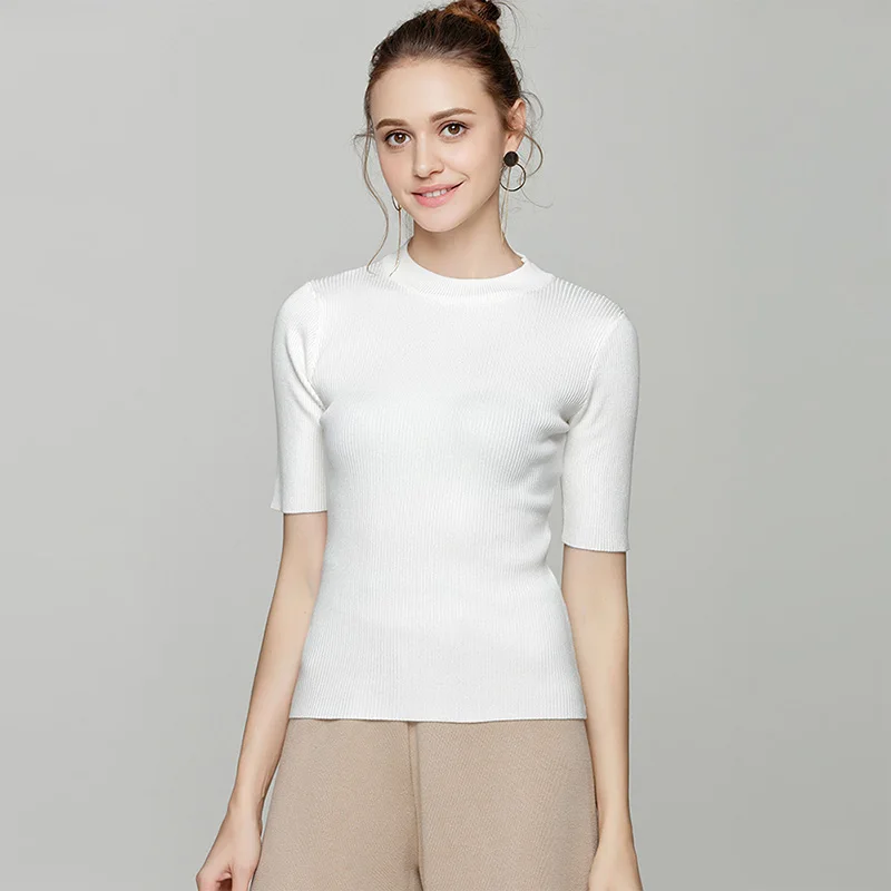 

Large Elasticity Five-point Sleeve Sweater Women's Thin Knitted Sweater Pullover Half Turtleneck Top Slim Fit Bottoming Shirt
