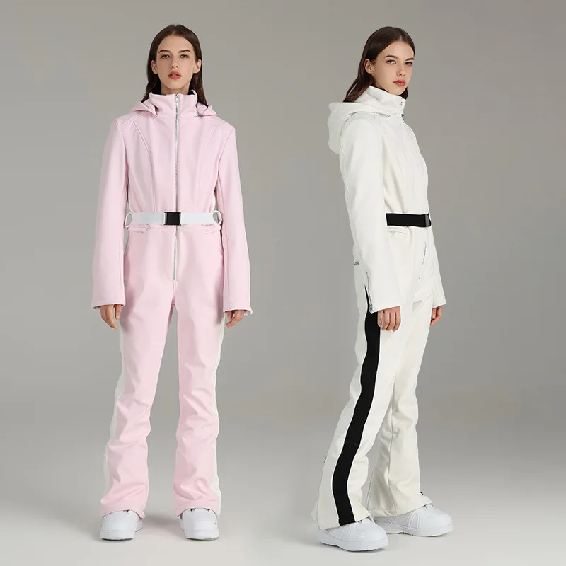 Searipe Retro One Piece Ski Suit Women Slim White Pink Black Outdoor SnowboardSnow Sports Waterproof Hooded Ski Jacket Pants Set