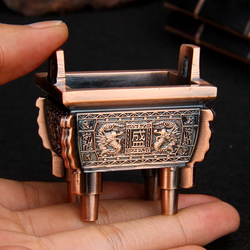 Vintage Double Dragon Prayer Treasure quadripod Figurine Statue Sculpture Buddha Longding censer Ornaments Home Decoration |