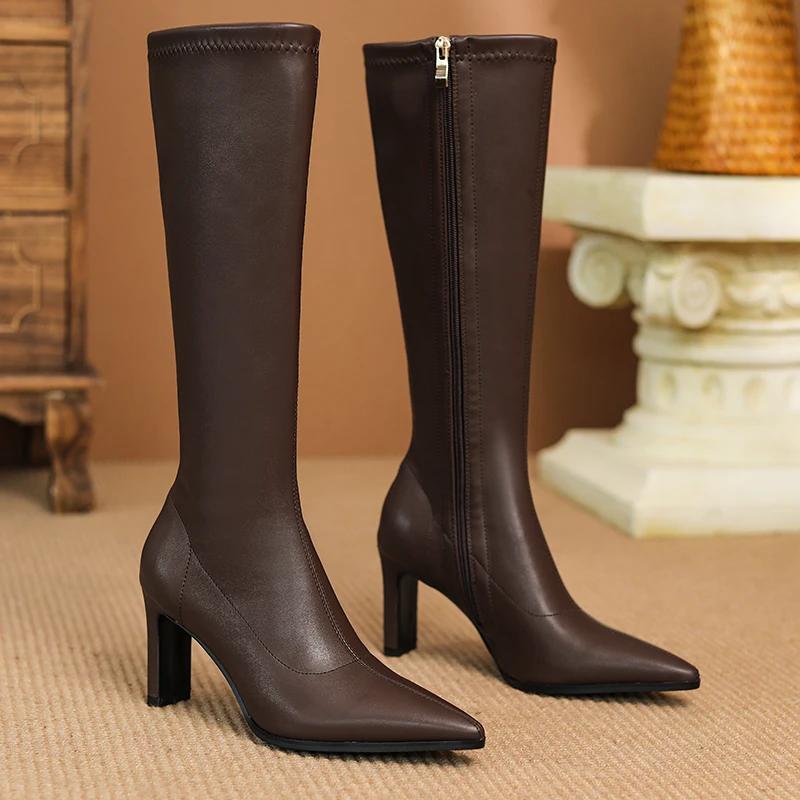 Autumn Winter Women Knee High Boots Chunky Heels Stretch Microfiber Office Party Lady Pointed Toe Zipper Long Riding Sock Boots