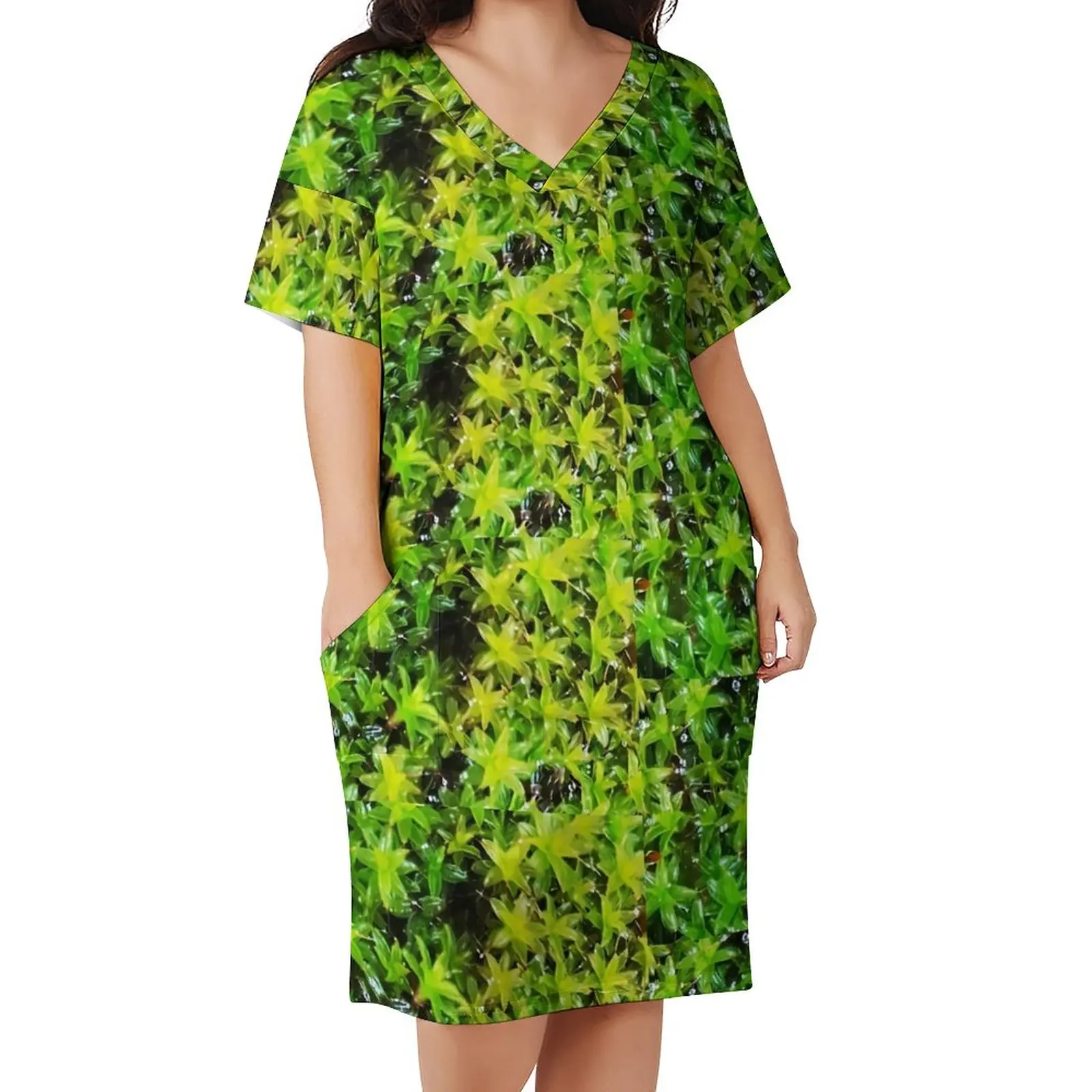 

Green Moss Dress V Neck Green Leaves Print Retro Dresses Ladies Street Wear Custom Casual Dress With Pockets Big Size