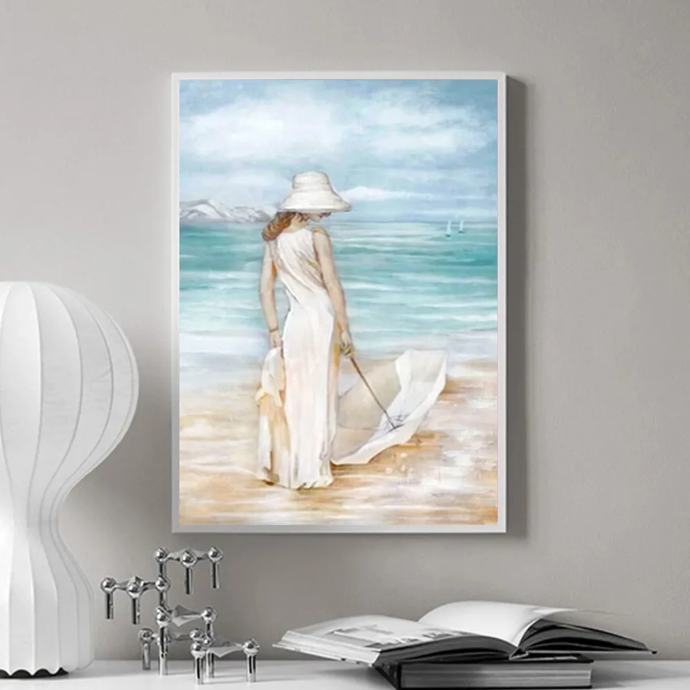 Abstract Beach & Girl Artwork Picture: Blue Seascape Painting Coastal Wall Art on Canvas for Living Room Bedroom