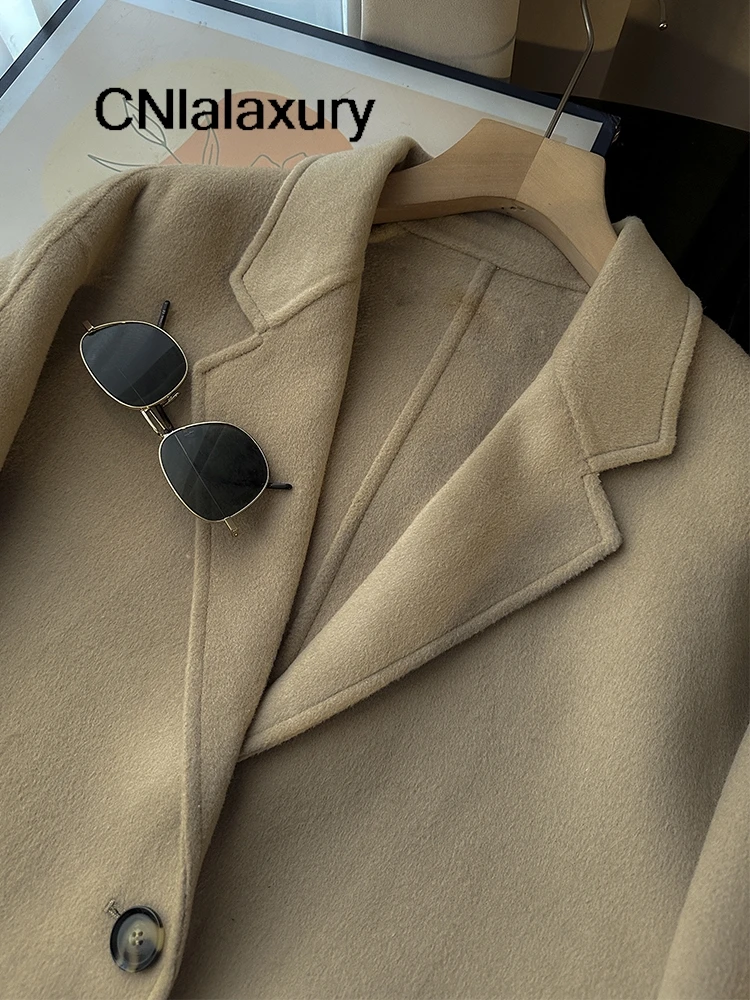 Зимнее шерстяное пальто женское свободное верхняя одежда с длинными рукавами и