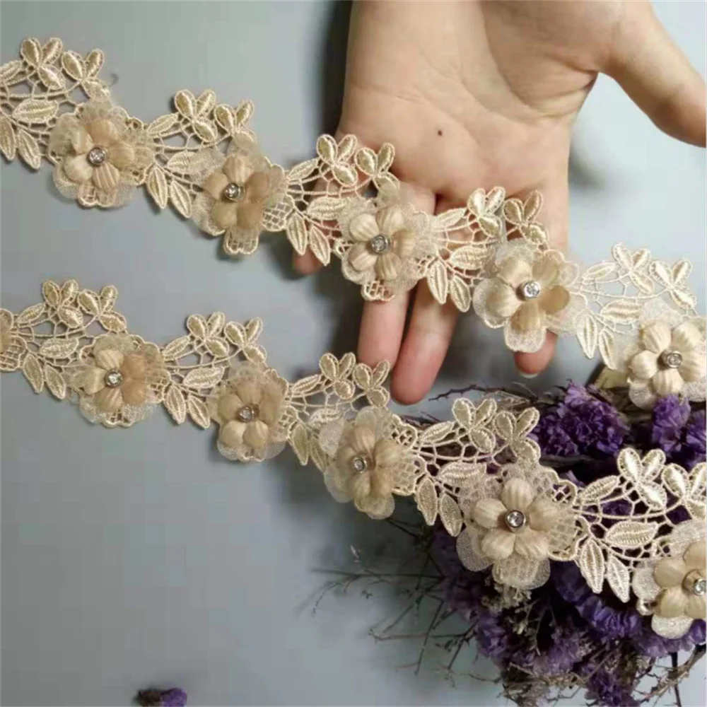 

2 Yard Gold Soluble Polyester Colorful Rose Flower Embroidered Lace Trim Ribbon Fabric Sewing Craft For Costume Wedding Dress