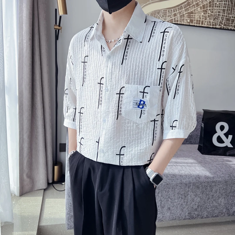 Fashion Letter Print Shirts for Men 2022 Summer Half Sleeve Loose Casual Shirt Korean Streetwear Social Oversized Men Clothing