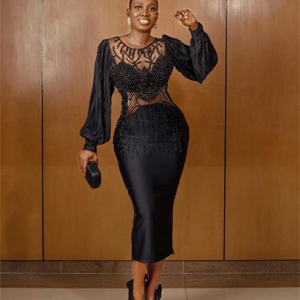 

Black Women Prom Dresses Plus Size Evening Gowns Long Sleeve O Neck See Through Custom Made Formal Party Dress