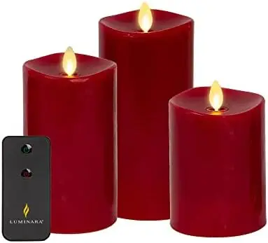 

Realistic Artificial Moving Flame Pillar Candles - Set of 3 - Melted Top Edge, LED Battery Operated Lights - Unscented - Remote