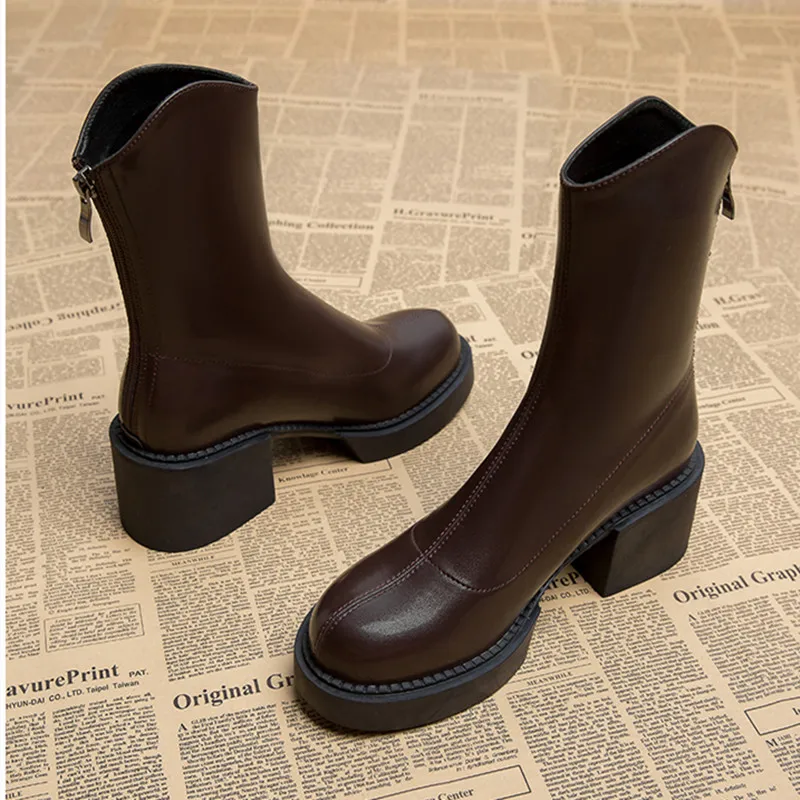 2022 Winter New Women's Knee Nude Boots Fashion Thick Heel PU Leather Back Zipper Thick Sole Chelsea Boots Women's Shoes 2