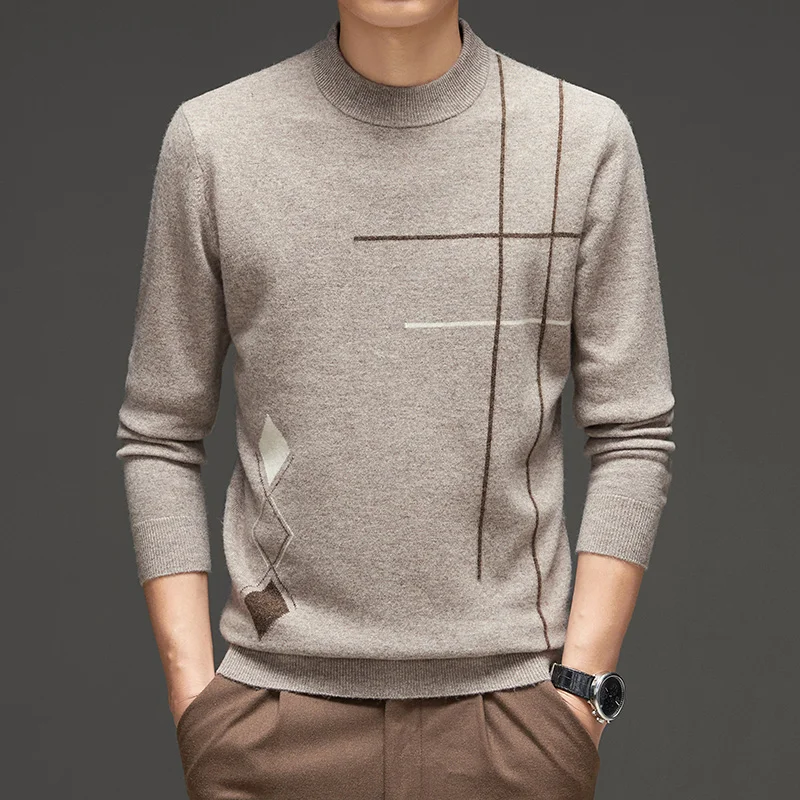 100% Pure Wool Men's Sweater Padded Pullover Cashmere Sweater O-Neck Long Sleeve Warm Coat Bottoming In Autumn And Winter.