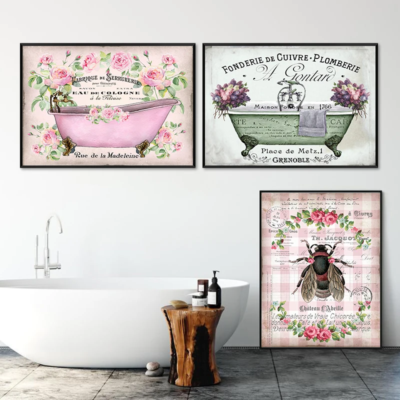 

French Vintage Shabby Chic Bathtub Wall Art Canvas Painting Posters Prints Bathroom Pictures Bee Pink Retro Home Decor