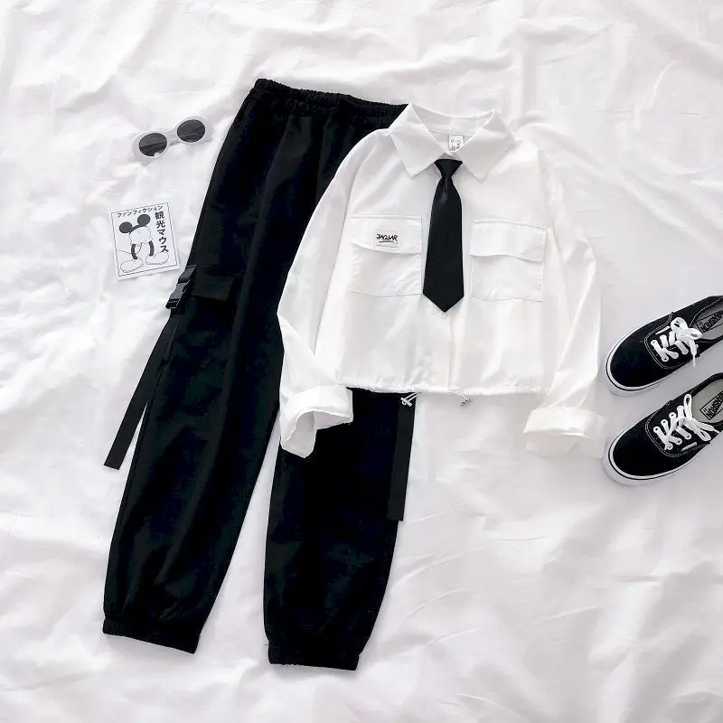 

Школьная форма, женские костюмы, весенне-Осенние костюмы, студенческие корейские свободные рубашки с длинным рукавом и брюки, комплект из двух предметов, модные комбинезоны